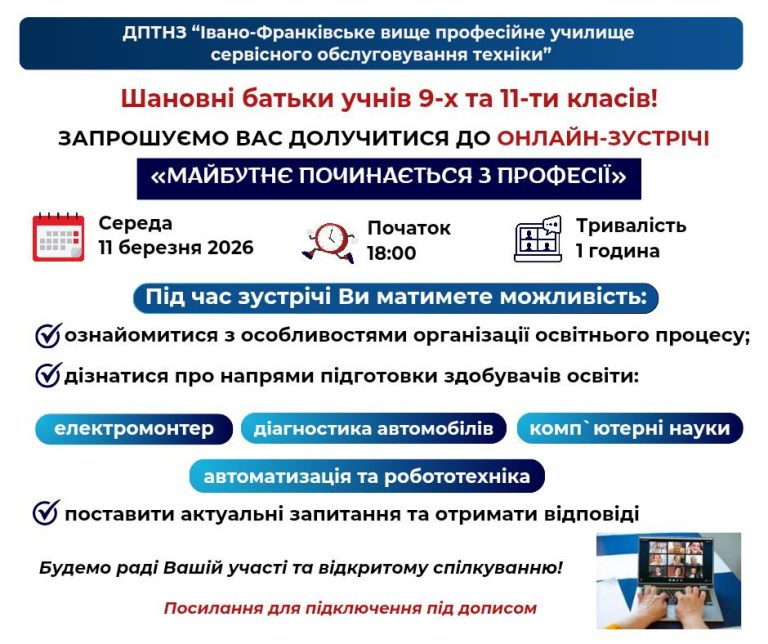 ОНЛАЙН-ЗУСТРІЧ з БАТЬКАМИ «МАЙБУТНЄ ПОЧИНАЄТЬСЯ З ПРОФЕСІЇ»