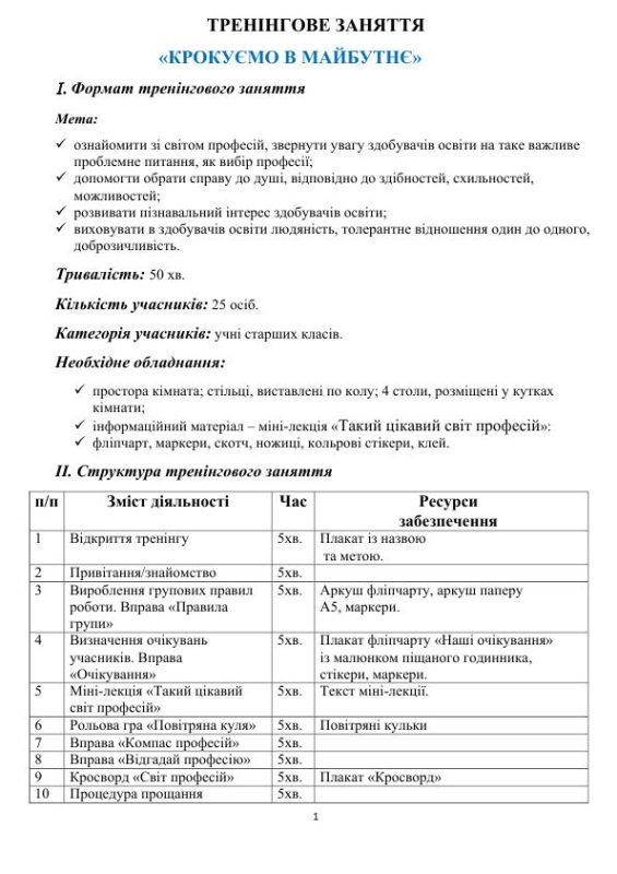 ТРЕНІНГОВЕ ЗАНЯТТЯ «КРОКУЄМО В МАЙБУТНЄ»